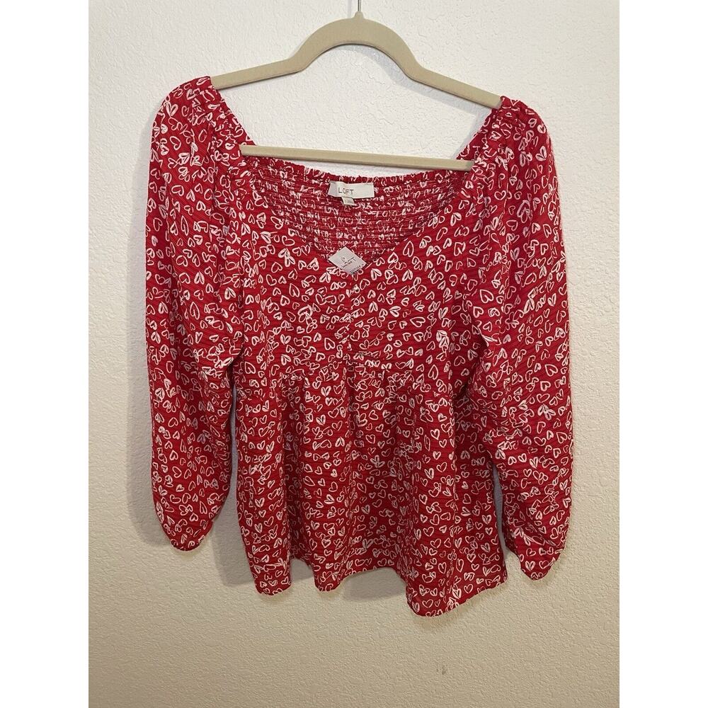 NWT LOFT Sweetheart Neckline Red Hearts Smocked Peasant Top Women’s Size 2 - Picture 2 of 6